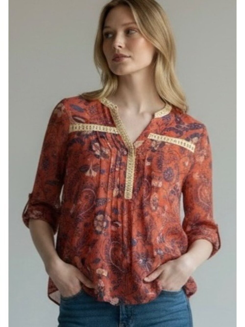 ANTHROPOLOGIE MAEVE Orange + Blue Floral Print Abella Pintuck Blouse Size 4